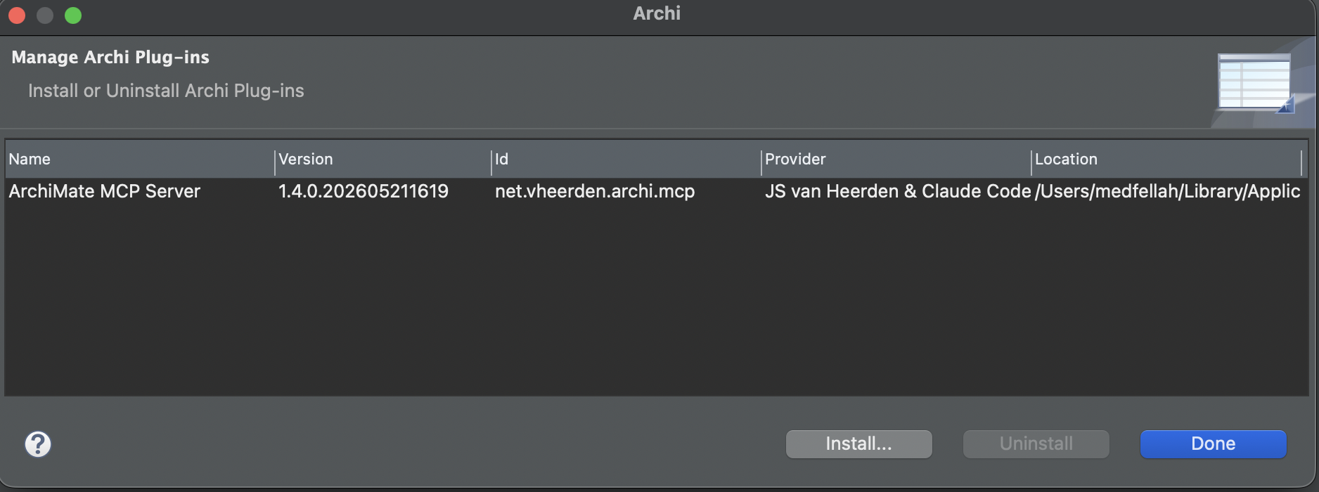 Fenêtre Manage Archi Plug-ins montrant ArchiMate MCP Server installé