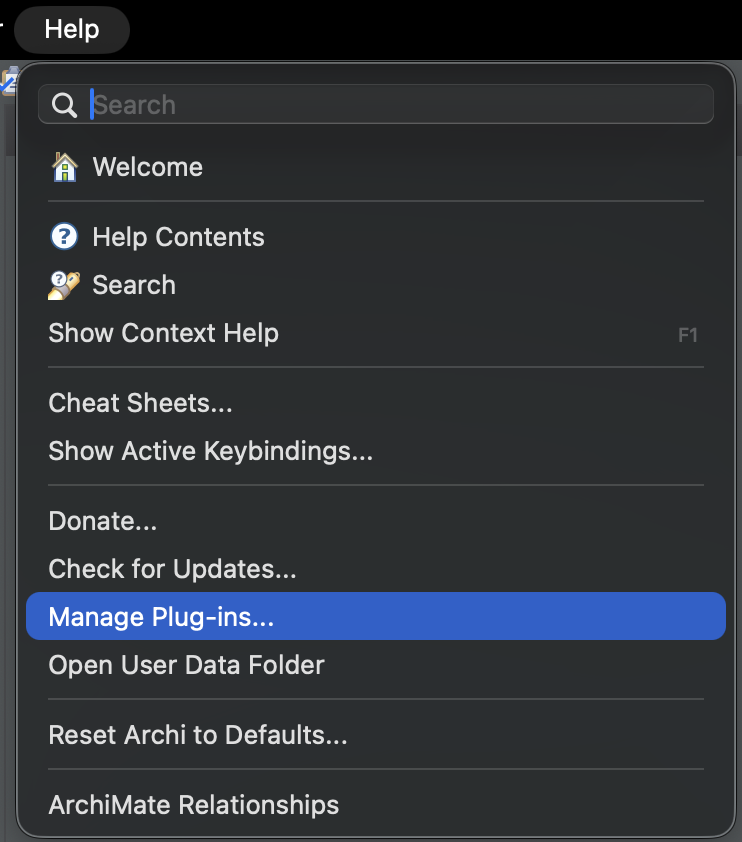 Menu Aide d'Archi avec « Manage Plug-ins » surligné