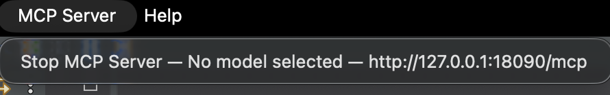 Serveur MCP démarré sur http://127.0.0.1:18090/mcp affichant « No model selected »